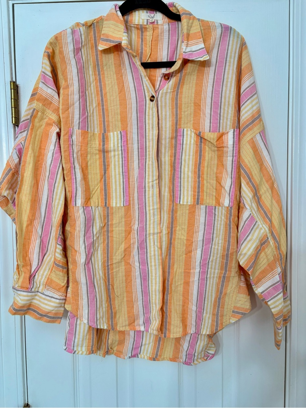 easel Girls' Striped Button-Front Shirt in Orange, Pink & White